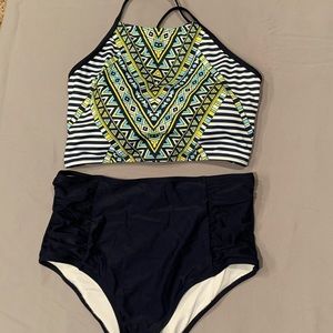 Halter Top w/ High Waist Rouched Bottoms Swim Suit